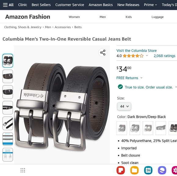 NWT Size Small (22-24) Columbia Men’s Two-In-One Reversible Casual Jeans Belt - Picture 2 of 4